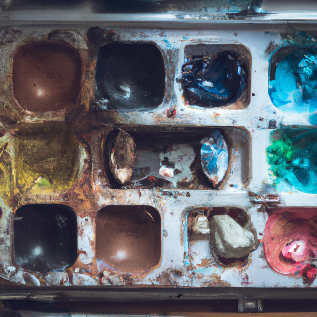 Ceramic watercolor palette with muted blues and earth tones showing granulating pigments, artisanal setup high detail