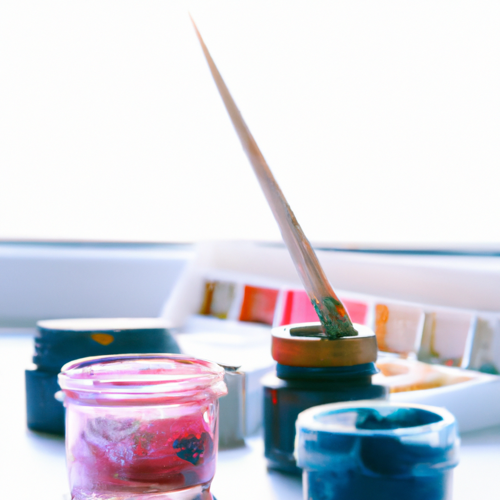 Minimal watercolor studio table with window light, glass jar, brushes and pigments in a clean aesthetic